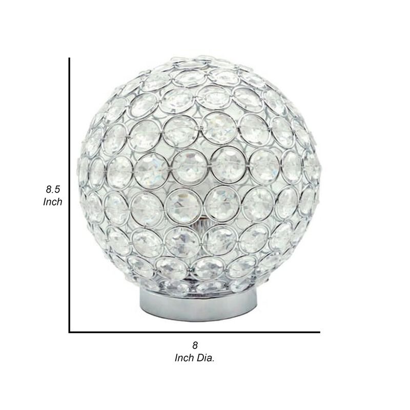 Denise 9 Inch Table Lamp, Round Metal Base, Crystal Ball Shade, Silver - Benzara