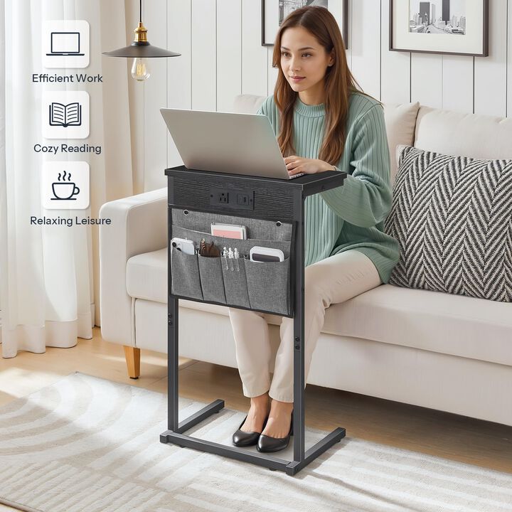 HOOBRO C Shaped End Table with Charging Station, 28"" Tall Couch Table for Couch and Recliner for Small Spaces, Slide Under Sofa