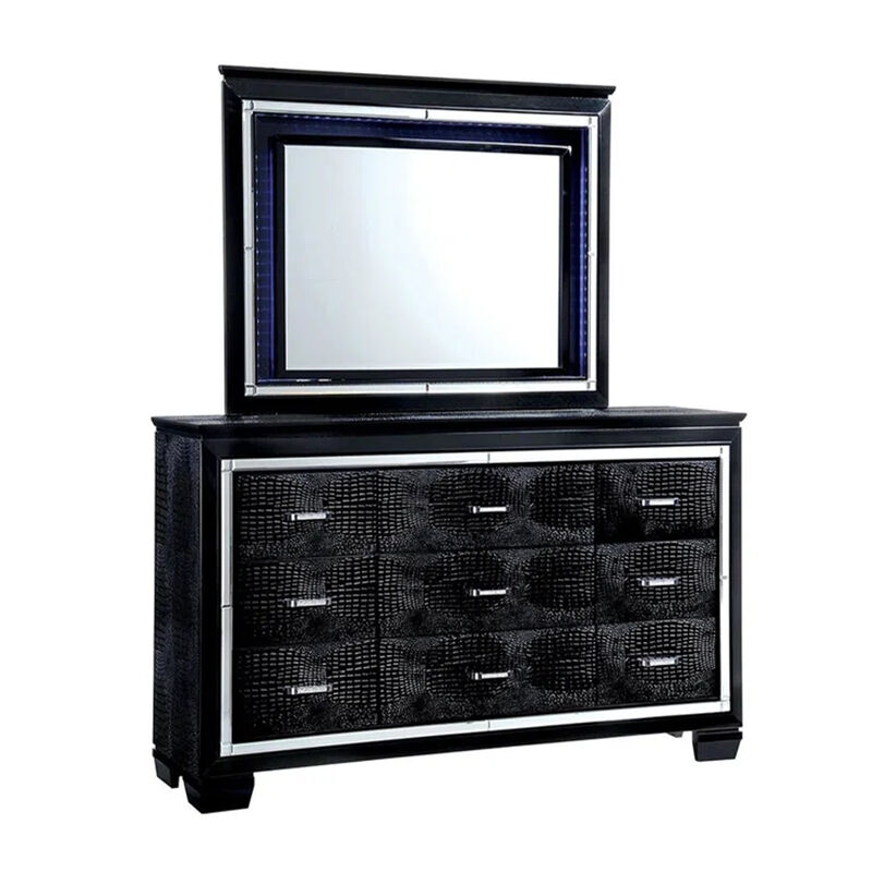 Kae 4 Piece King Bedroom Set, LED and Mirror Trim, Textured, Black - Benzara