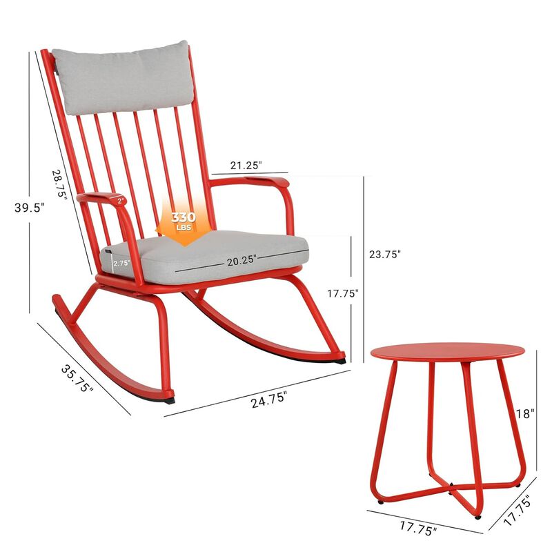 Mondawe Outdoor 3-Pcs Detachable Rocking Chair Set W/ Thick Cushions Seat & X-Shaped Base Side Table