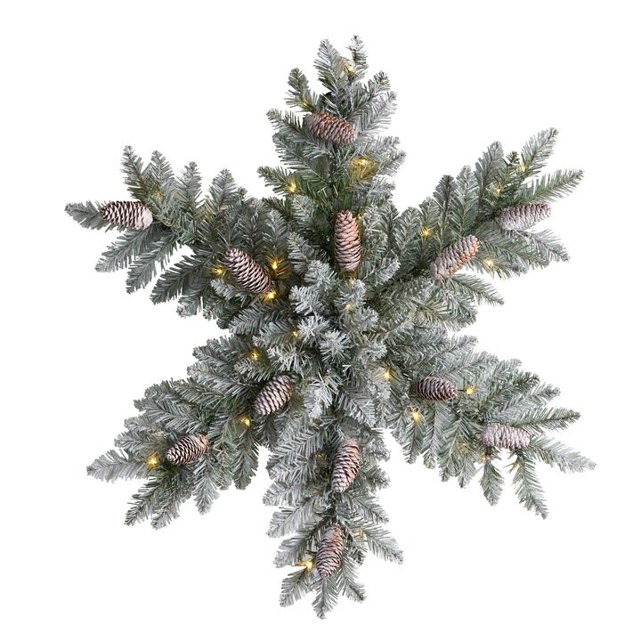 Nearly Natural 30-in Pre-Lit Flocked Snowflake Artificial Dunhill Fir Wreath with Pinecones and 40 LED Lights