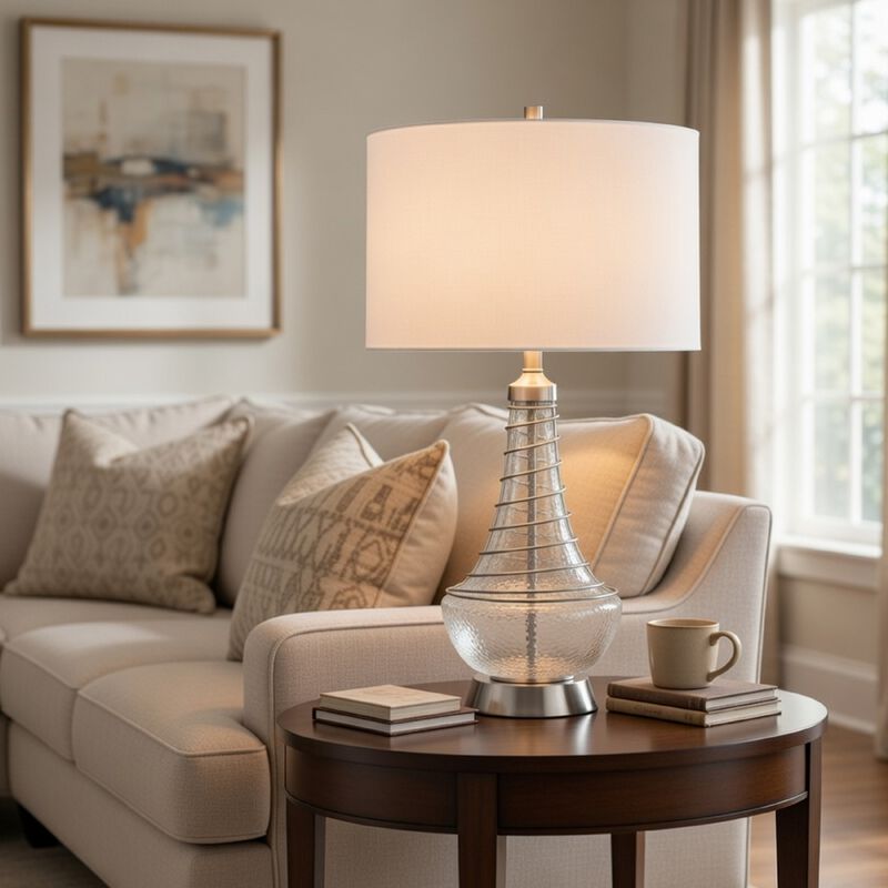 Table Lamp, Tapered Corkscrew Glass Body with Wire Accent, Brushed Steel image number 1