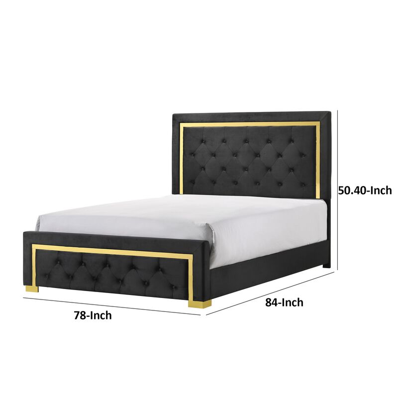 Robin King Size Bed, Platform Base, Gold, Button Tufted Black Upholstery - Benzara