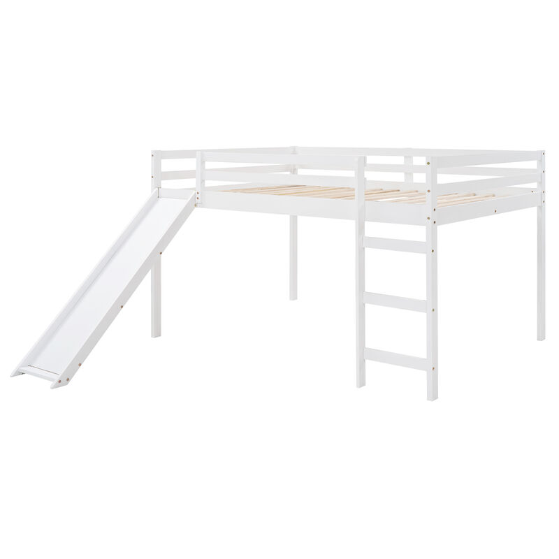 Whisen Full Loft Bed with Slide, Multifunctional Design- White