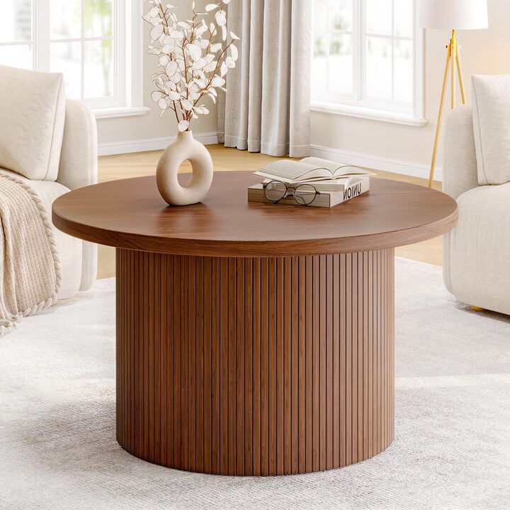 31.5" Round Tambour Coffee Table, Mid-Century Engineered Wood Drum Accent