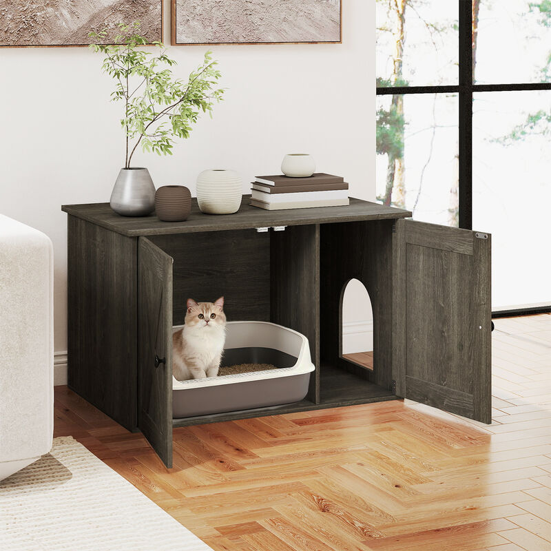 Hidden Cat Litter Box Furniture with Divider for Litter Box Enclosure-Oak image number 7