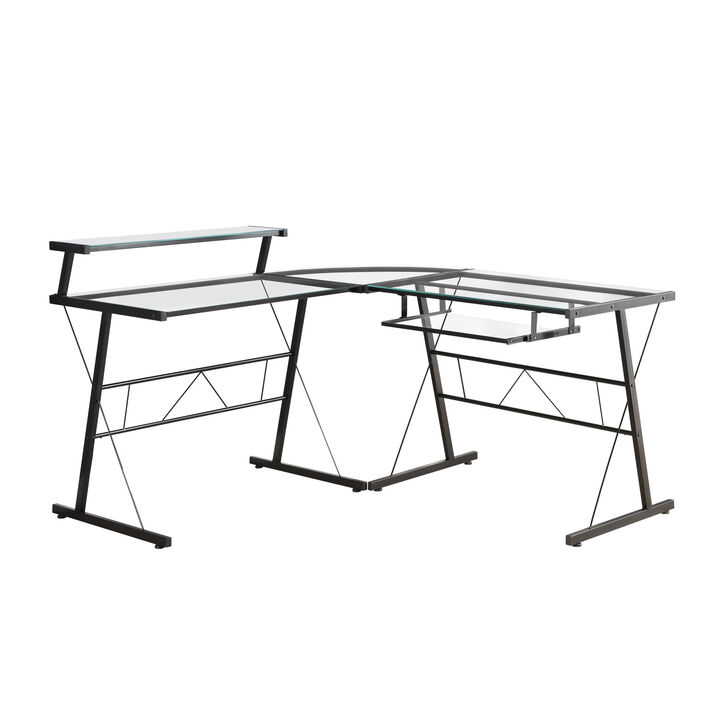 Monarch Specialties I 7172 Computer Desk, Home Office, Corner, L Shape, Work, Laptop, Metal, Tempered Glass, Black, Clear, Contemporary, Modern