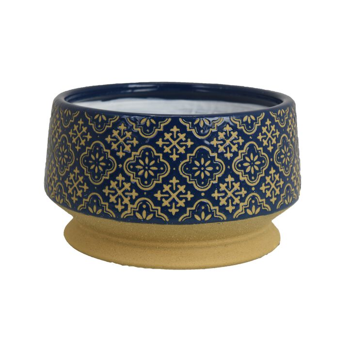 Hea Decorative Planter, Blue Gold Moroccan Pattern Footed Bowl, 10 Inch