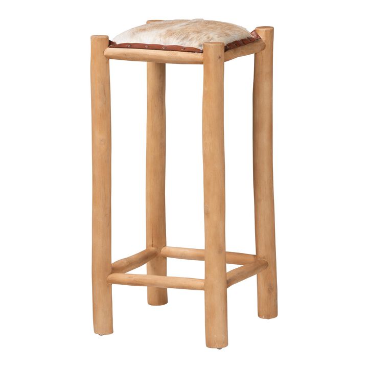 bali & pari Rivera Genuine Goat Leather Bar Stool - Rustic Boho Seating with Teak Wood Frame and Natural Hide Upholstery