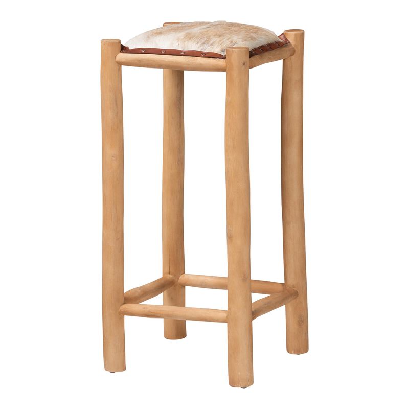 bali & pari Rivera Genuine Goat Leather Bar Stool - Rustic Boho Seating with Teak Wood Frame and Natural Hide Upholstery image number 0