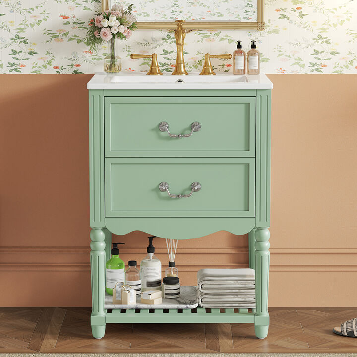 ELEMENT ACE 24 Inch Bathroom Vanity with Ceramic Sink, Bathroom Storage Cabinet with Two Soft-Close Drawers and Open Shelf, Vintage Elegant Wave Design for Bathroom Use