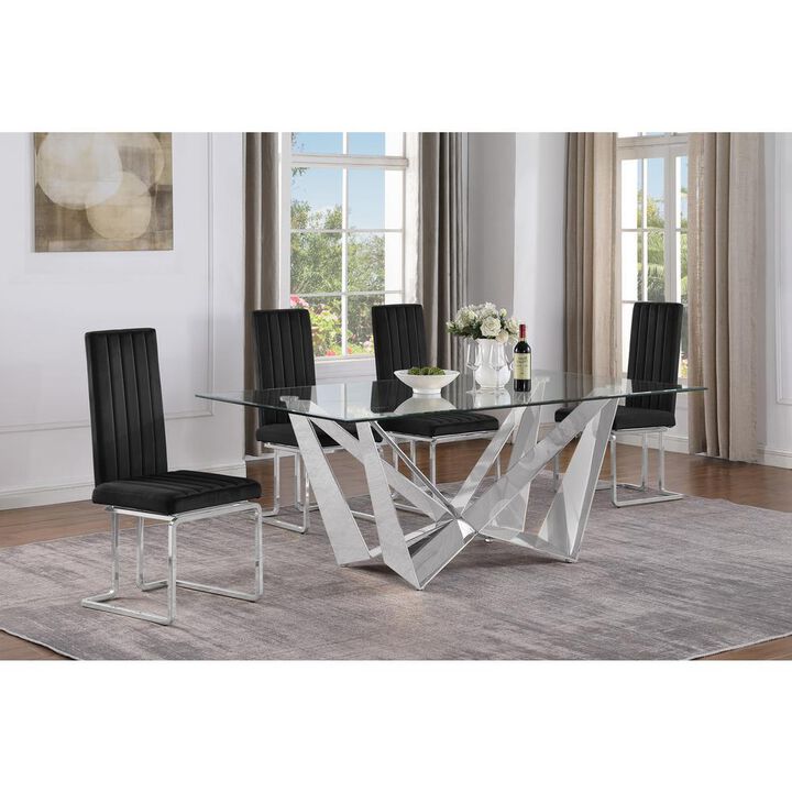 5pc Small(78") glass dining set with silver base and 4 Black side chairs