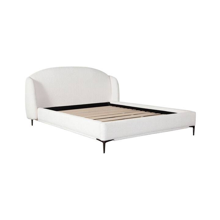 Peli King Size Bed, Low Profile Curved Back Ivory Faux Shearling Upholstery