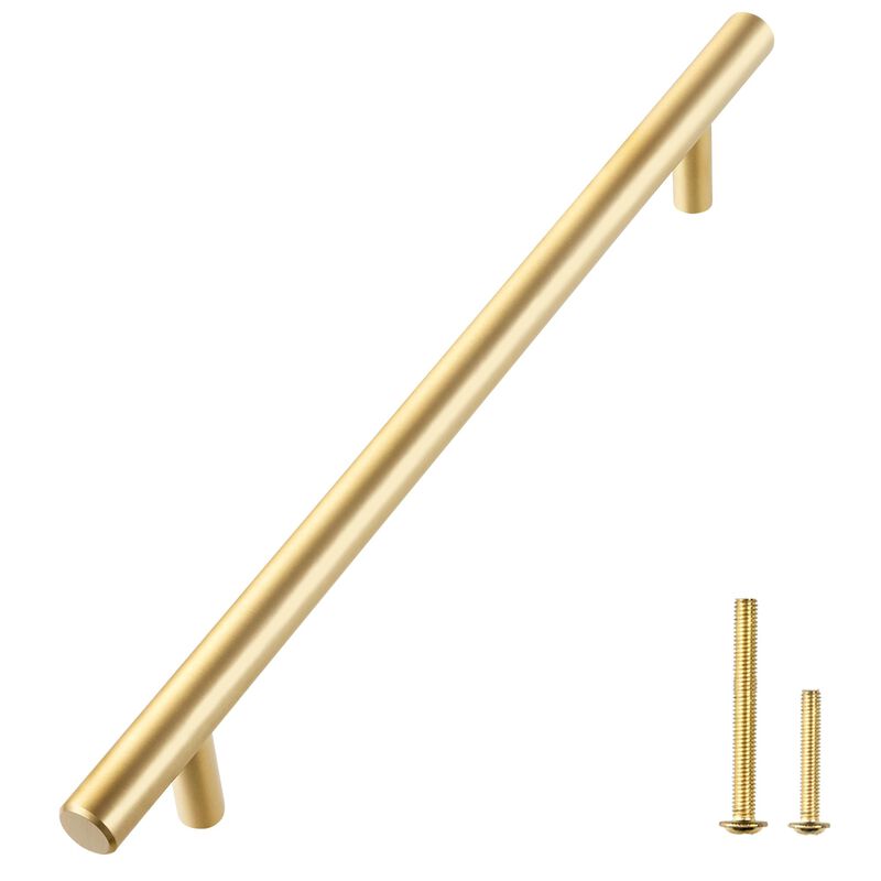QOGRISUN 2-Pack Solid Brass Cabinet Pulls, Gold Euro Style T Bar Handles, 8-3/4-Inch Hole Center for Kitchen Drawer Dresser Cupb