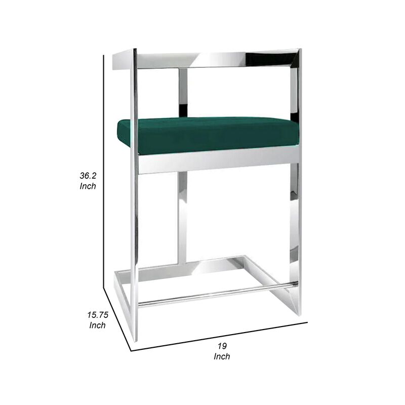 Dok 26 Inch Counter Height Stool, Green, Cantilever, Silver Stainless Steel - Benzara