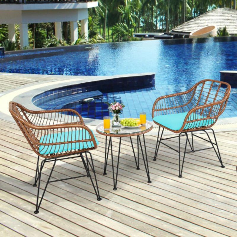 Patio Bistro Set &ndash; 3-Piece Rattan Furniture Set with Cushioned Seats & Coffee Table