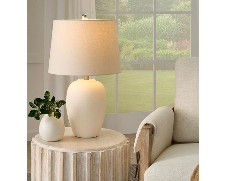 23" White Ceramic Jar Table Lamp &ndash; Off-White Shade for Bedroom & Office