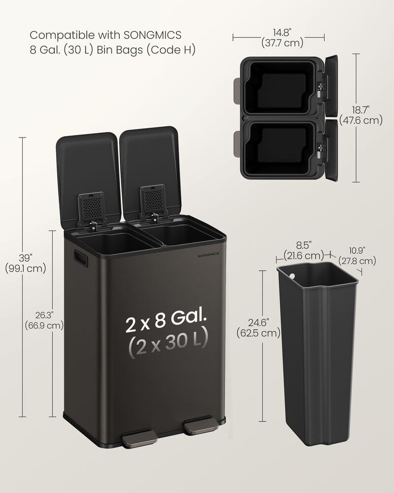 2 x 8 Gallon Dual Trash Can Soft Close Pedal Removable Buckets image number 2