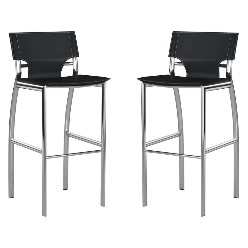 Illa 26 Inch Counter Height Chair, Set of 2, Chrome Base, Vegan Leather, Black - Benzara