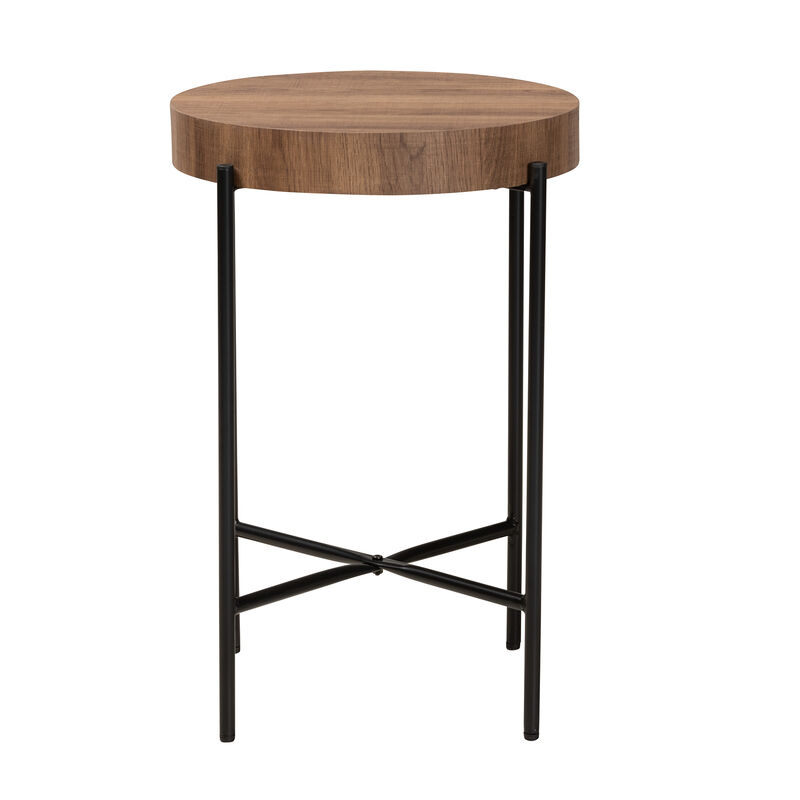 Baxton Studio Savion Modern Industrial Walnut Brown Finished Wood and Black Metal End Table