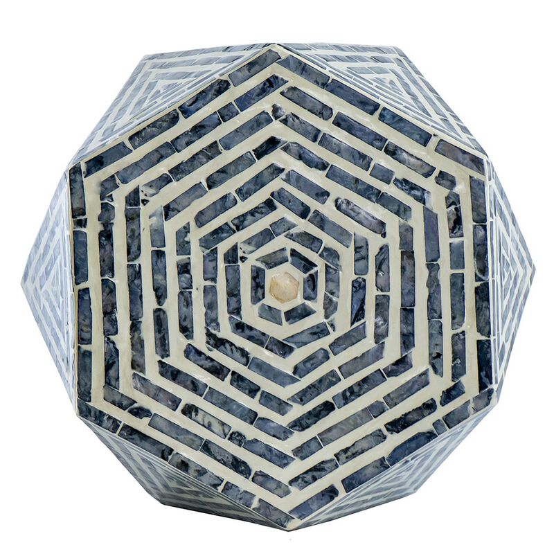 18 Inch Accent Table Stool, Hexagonal Design, Diamond Pattern, Blue, White
