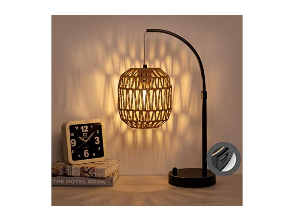USB Port Boho Metal Rattan Bedside Lamp For Bedroom Office Nightstand