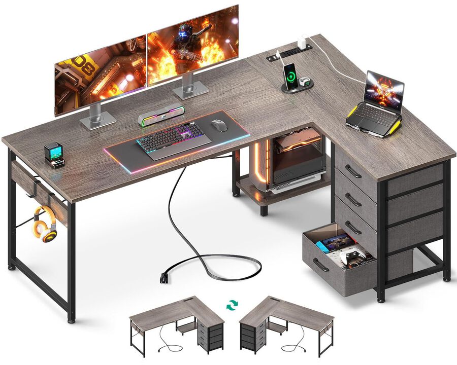AODK L Shaped Desk with 4 Tier Drawers, 61 Reversible Gaming Desk with Power Outlets, L Shaped Computer Desk with USB Charging