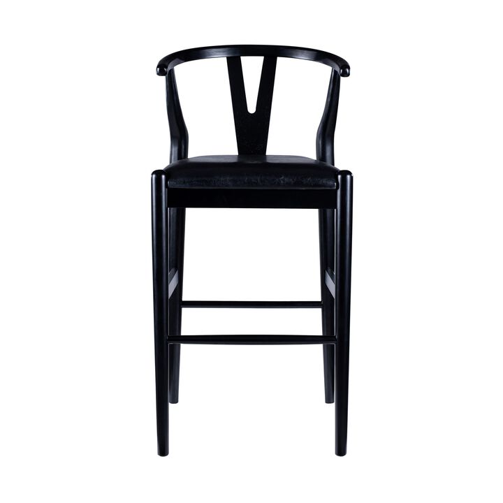 Cera Barstool Chair Set of 2, Rich Faux Leather Seat, Black Rubberwood - Benzara