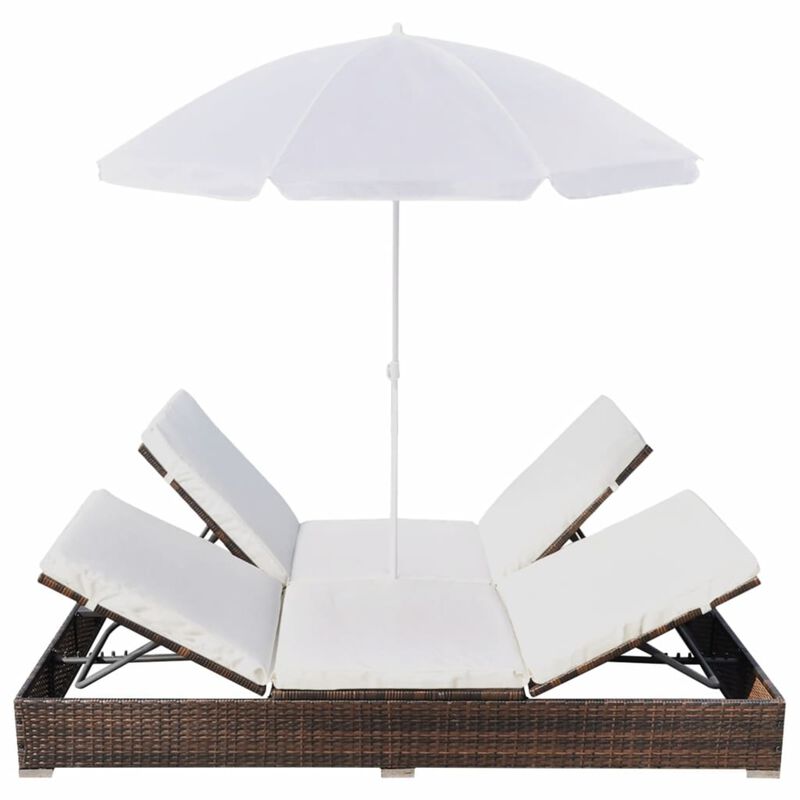 vidaXL Outdoor Lounge Bed with Umbrella Poly Rattan Brown