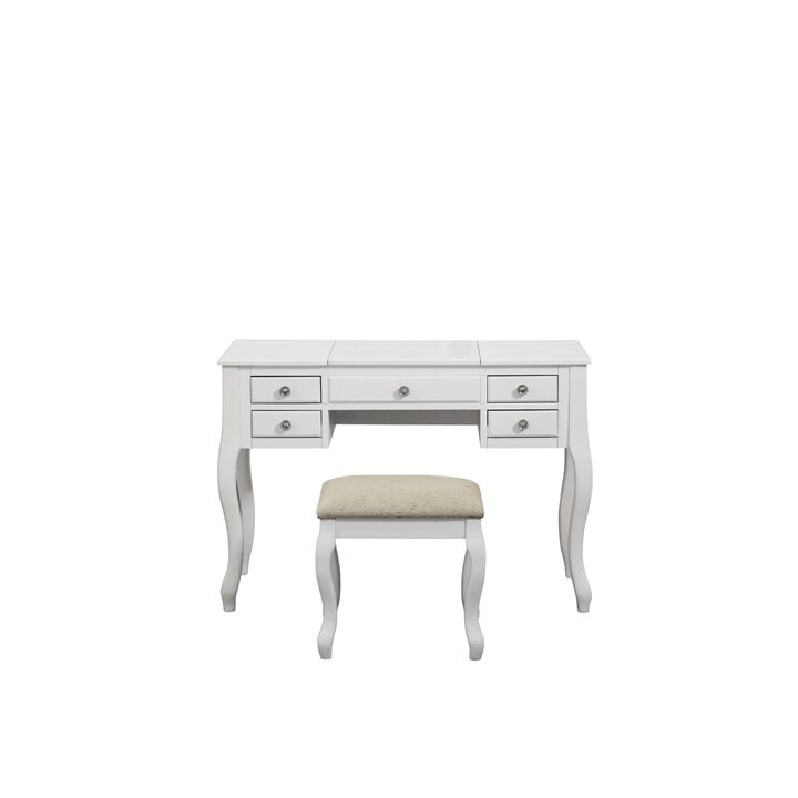 Classic 1pc Vanity Set w Stool White Color Drawers Open-up Mirror Bedroom Furniture Unique Legs Cushion Seat Stool Vanity