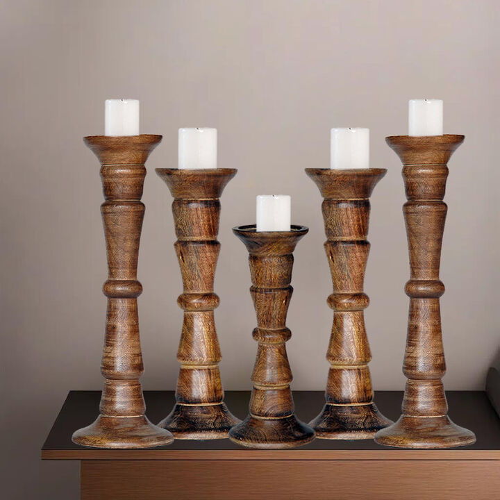 Traditional Medium Burnt Eco-friendly Handmade Mango Wood Set Of Five 15",12",9",12" & 15" Pillar Candle Holder BBH