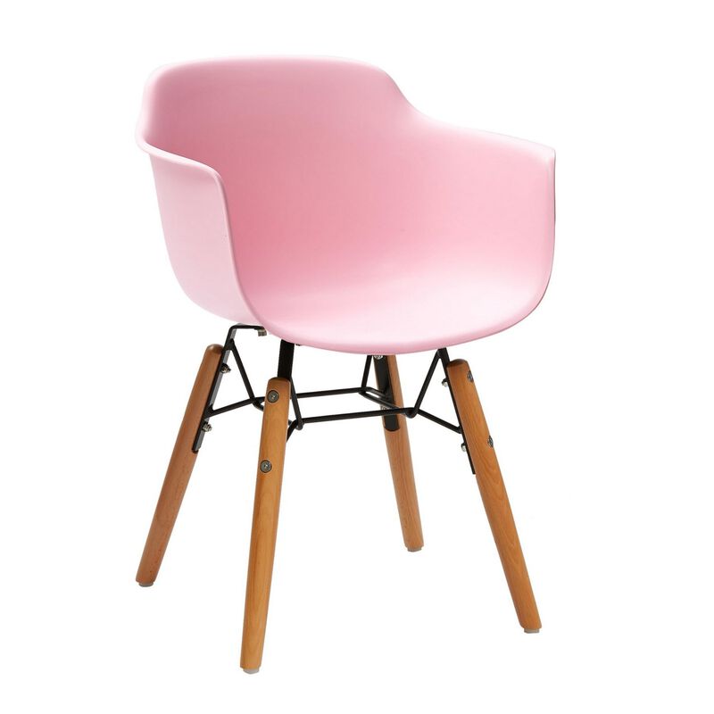 Benjara Lyna 16 Inch Kids Side Chair with Solid Back, Arms, Angled Wood Base, Pink, Brown and Black image number 0