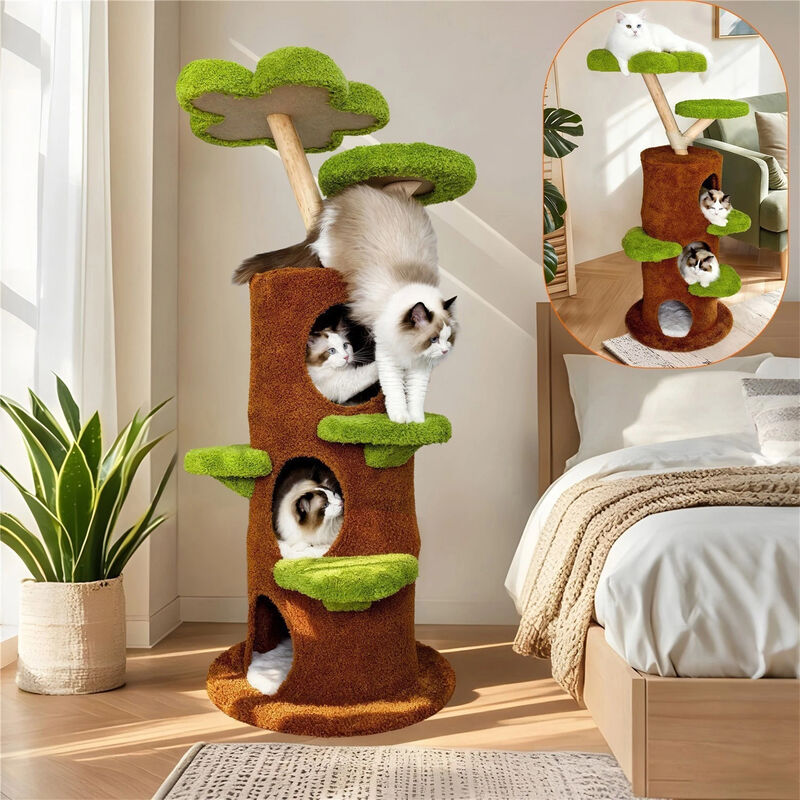 148CM Tall Wooden Cat Tree Tower Condo for Large Cats Activity with Steps &Posts image number 2