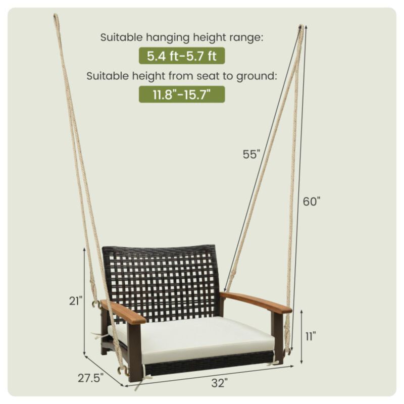 Hivvago Single Rattan Porch Swing with Armrests Cushion and Hanging Ropes-White