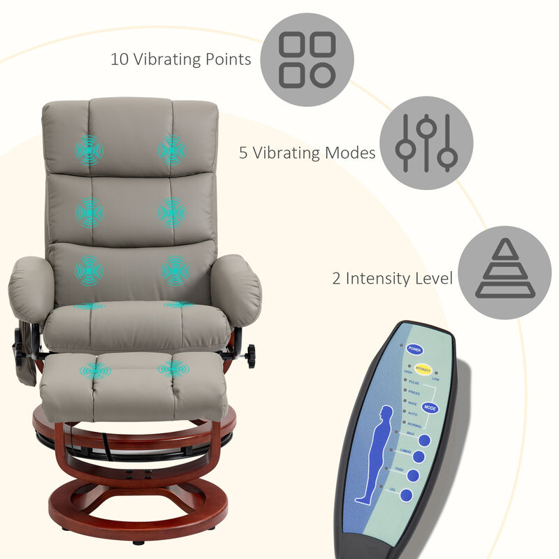 HOMCOM Massage Recliner Chair with Ottoman, Swivel Recliner and Footrest, Faux Leather Reclining Chair with Remote Control and Side Pocket, Gray