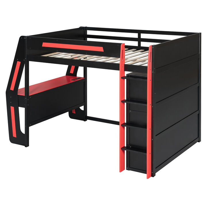 Merax Full Size All-in-One Gaming Loft Bed with Staircase & RGB Lights