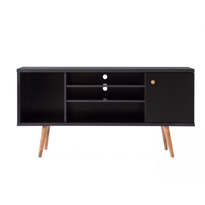 Reece 53 Inch Handcrafted Modern Wood TV Media Entertainment Cabinet Console, 2 Tone, Brown Legs, Black-Benzara