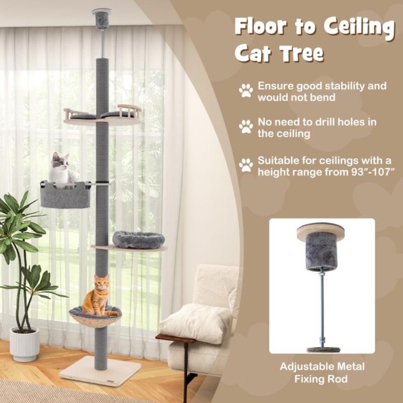 Hivvago Floor to Ceiling Cat Tree with 93 Inch-107 Inch Adjustable Height
