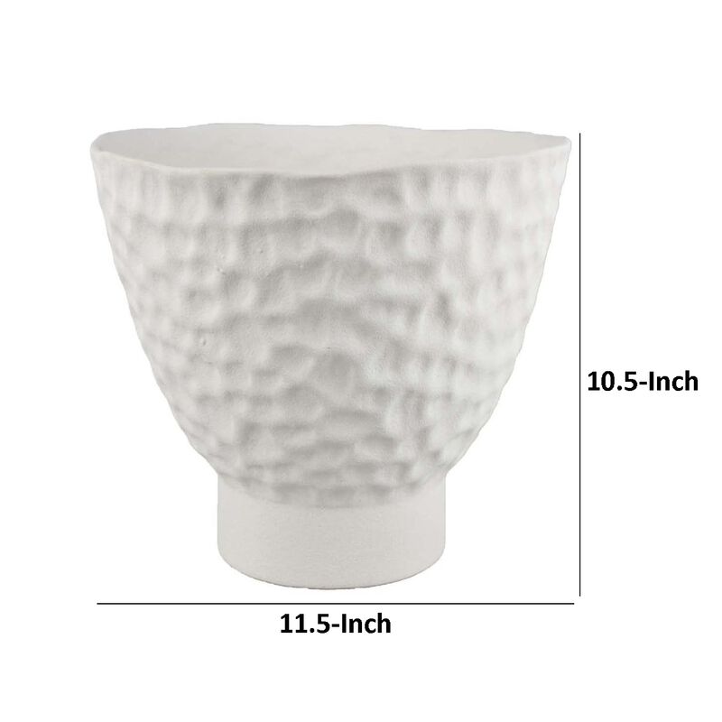 Decorative Bowl Shaped Planter, Hammered White Ceramic 12 Inch