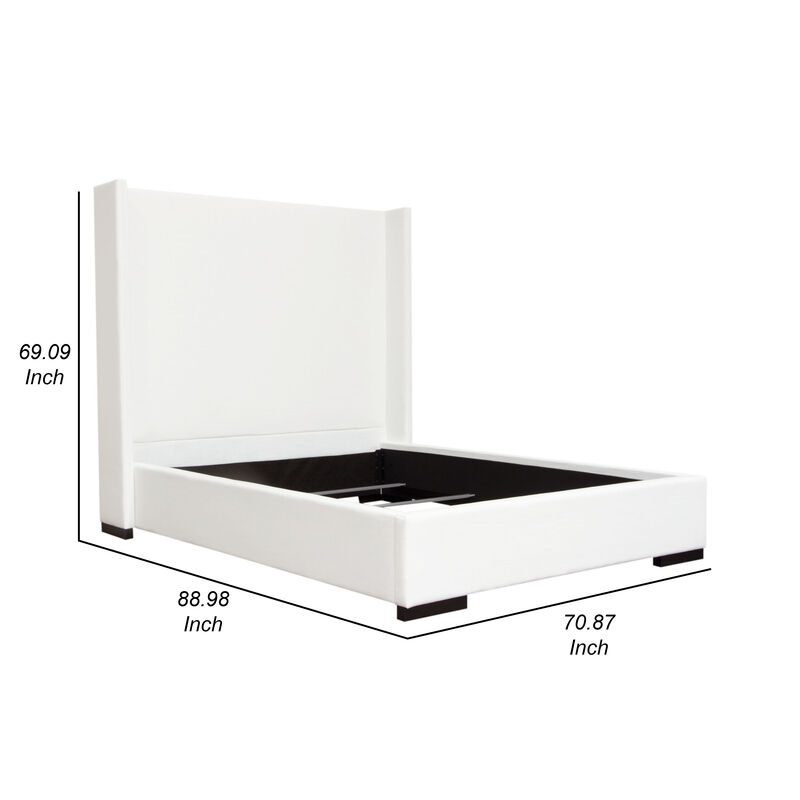 Boa Queen Size Bed w Vintage Wing Headboard, White Linen Upholstery image number 4