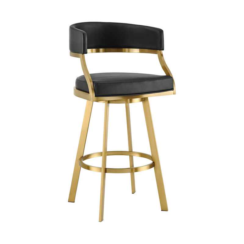 HomeRoots 30" Black and Gold Faux Leather and Stainless Steel Low Back Bar Height Swivel Bar Chair image number 2