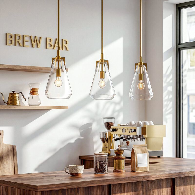 Gold Pendant Light with Clear Glass Shade, Adjustable Downrods image number 7