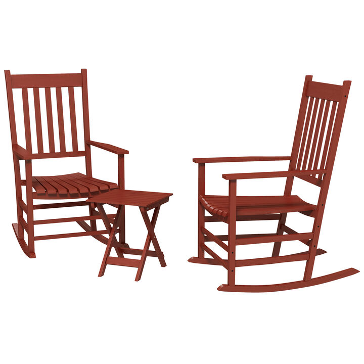 Outsunny Wooden Rocking Chair Set w/ Foldable Side Table, Outdoor Rocker Chairs with Curved Armrests, High Back & Slatted Seat for Garden, Balcony, Porch, Supports Up to 352 lbs., Wine Red
