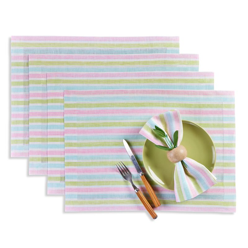 Solino Home Palm Beach Stripe 100% Linen Placemats &ndash; Set of 4, 14 x 19 in, Machine Washable, Holiday and Everyday Dining
