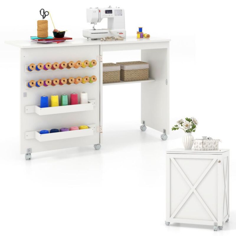 Folding Sewing Table with Storage Shelf and 5 Lockable Wheels for Craft Room Mobility