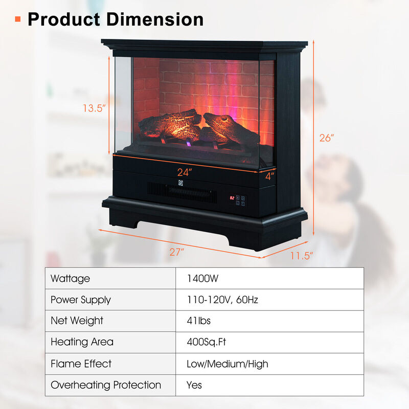 27-Inch Freestanding Electric Fireplace with 3-Level Vivid Flame and Adjustable Thermostat