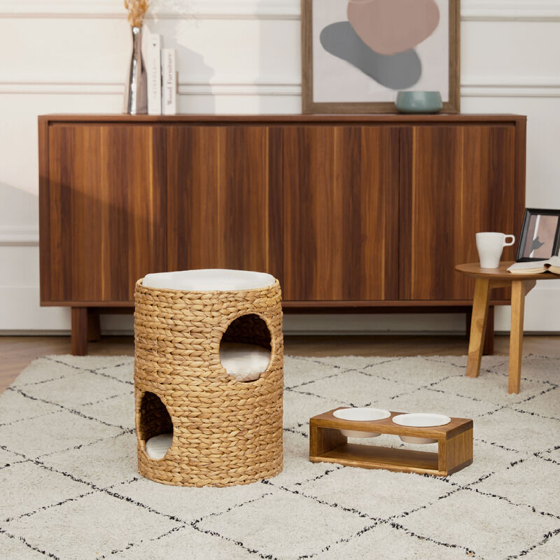 Neith 3-Tier Woven Water Hyacinth Cat Tower with Washable Cushions, Tan/Cream image number 7