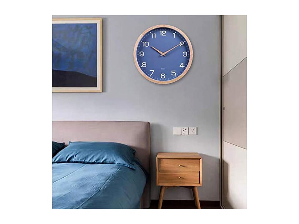Wood Wooden Blue Simple Wall Clock 12 Inch Silent Non Ticking Modern