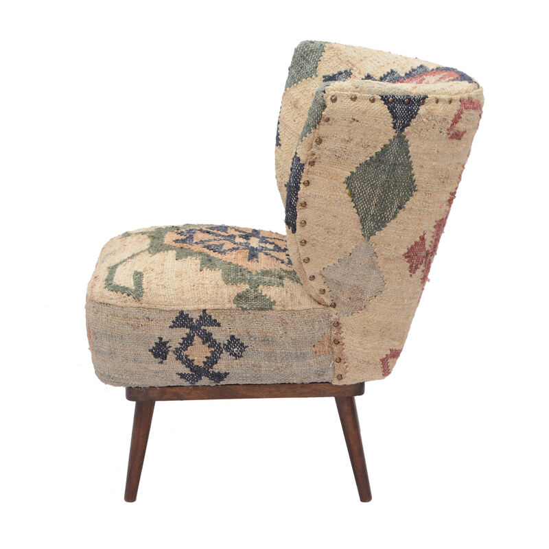 Hivvago 26 Inch Beige Blue and Red  Jute Southwestern Wingback Chair