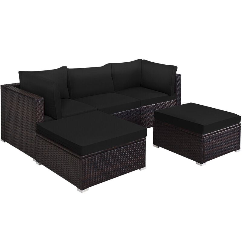 5 Pieces Patio Rattan Sofa Set with Cushion and Ottoman